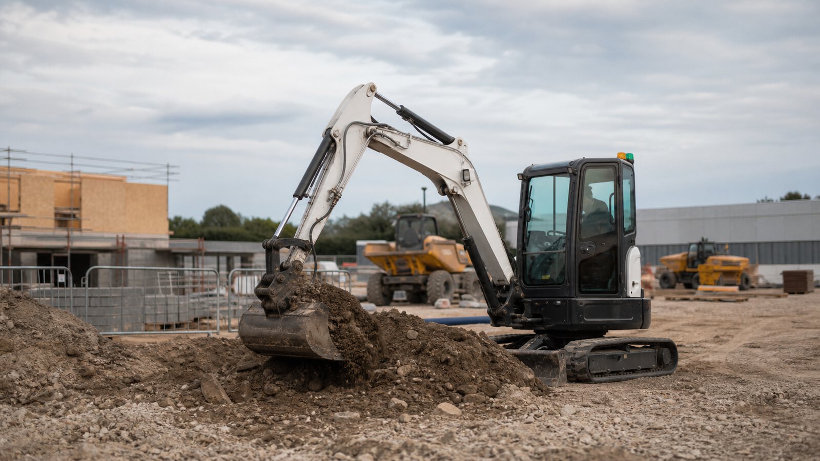 A compact excavator working on a professional construction site
