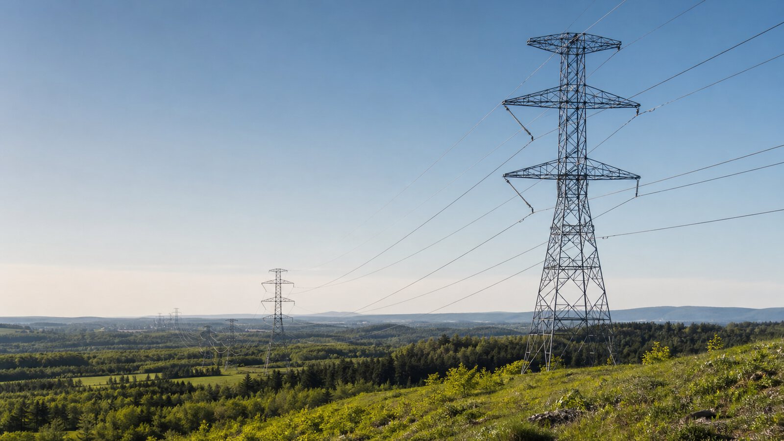 High-voltage transmission towers crossing a broad green landscape