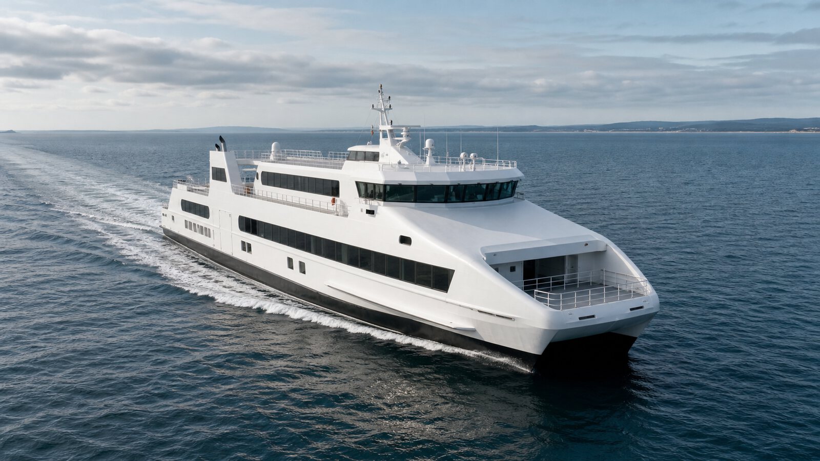 A large white ferry under way at sea, the crossing a customer books long before reaching the deck