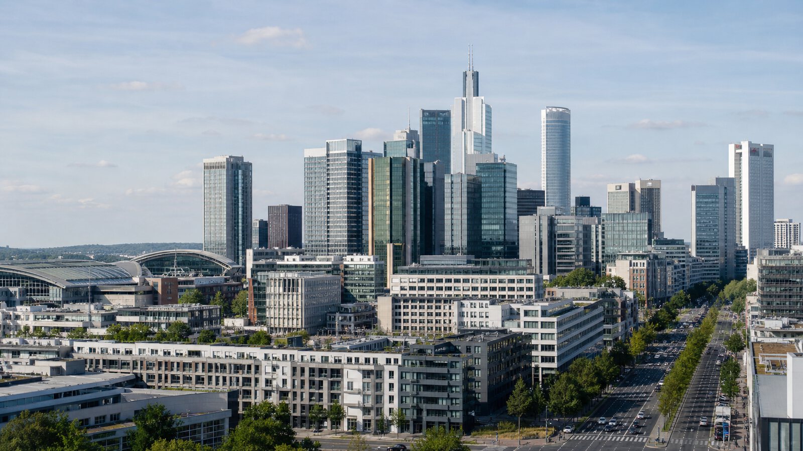 A modern financial district skyline and surrounding enterprise infrastructure