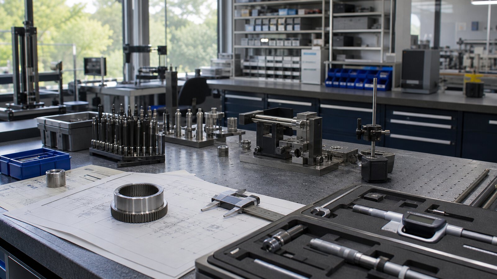 Precision tools and measuring instruments arranged on an engineering workbench