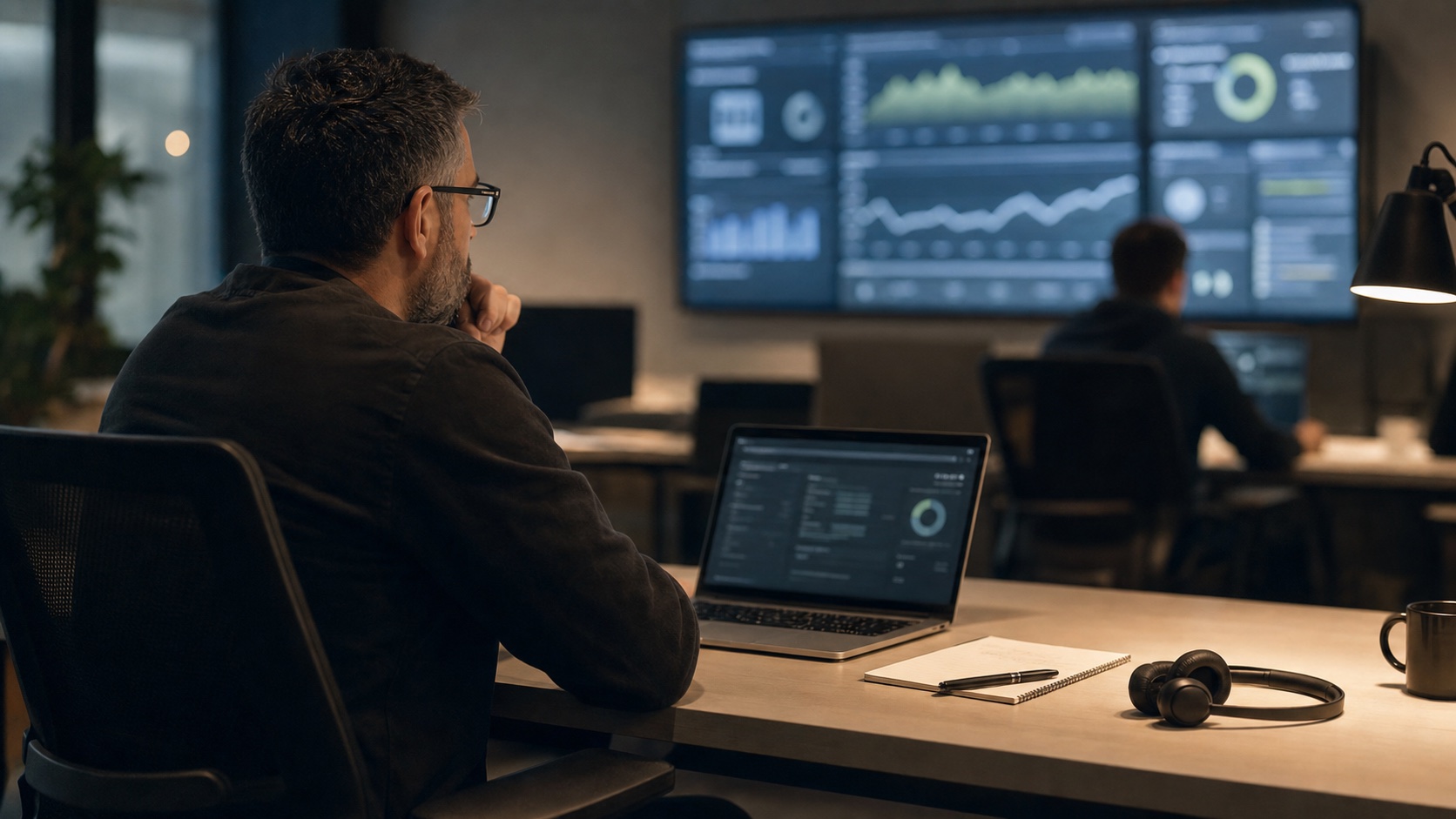 On-call engineer monitoring enterprise platform health from a quiet support desk