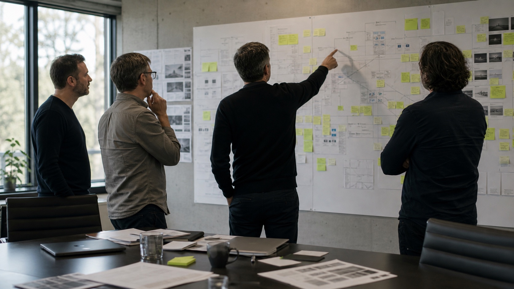 Senior engineering team reviewing a long-running estate roadmap in a quarterly planning session