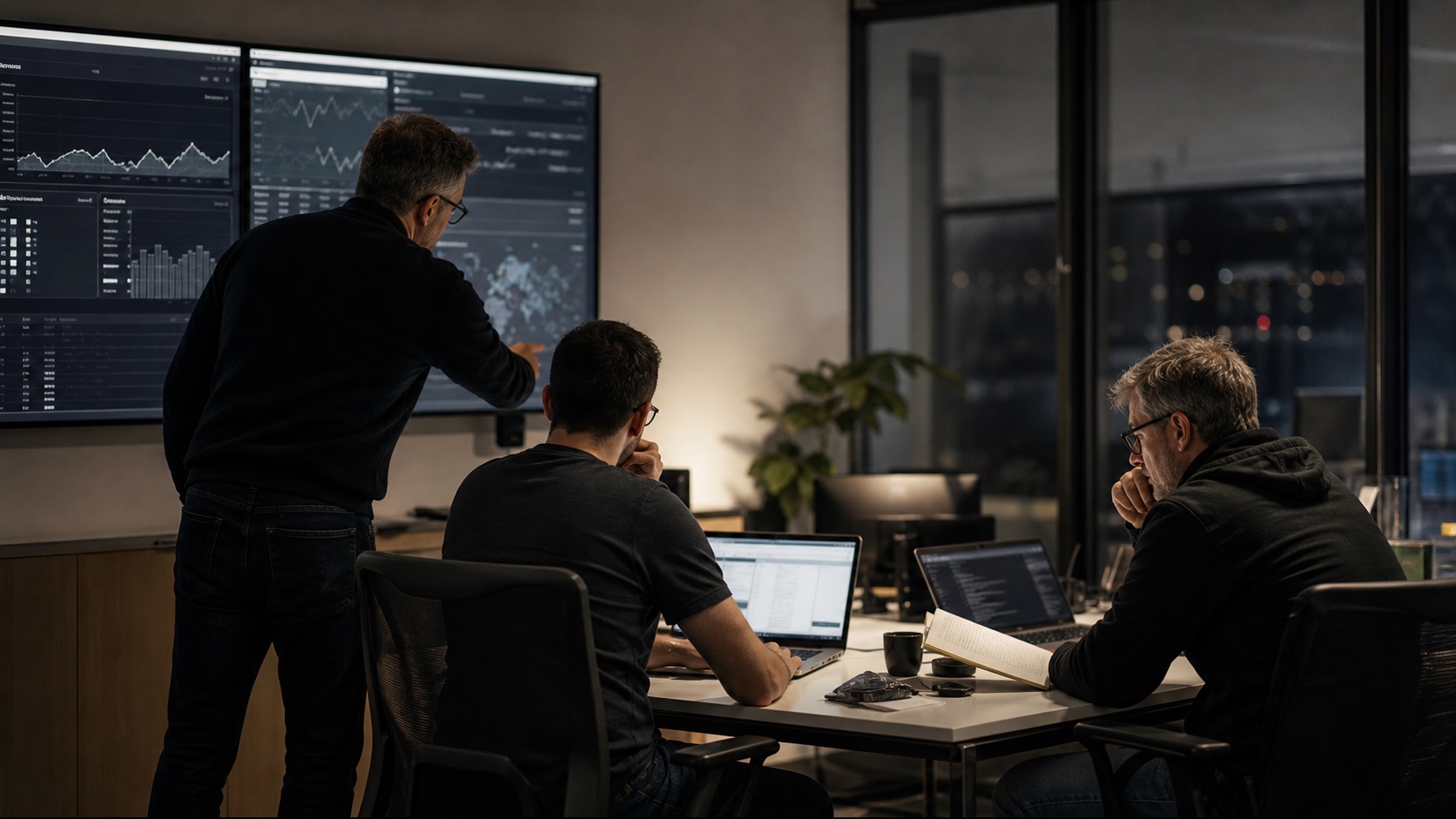 Senior engineers reviewing live platform monitoring during an incident triage session