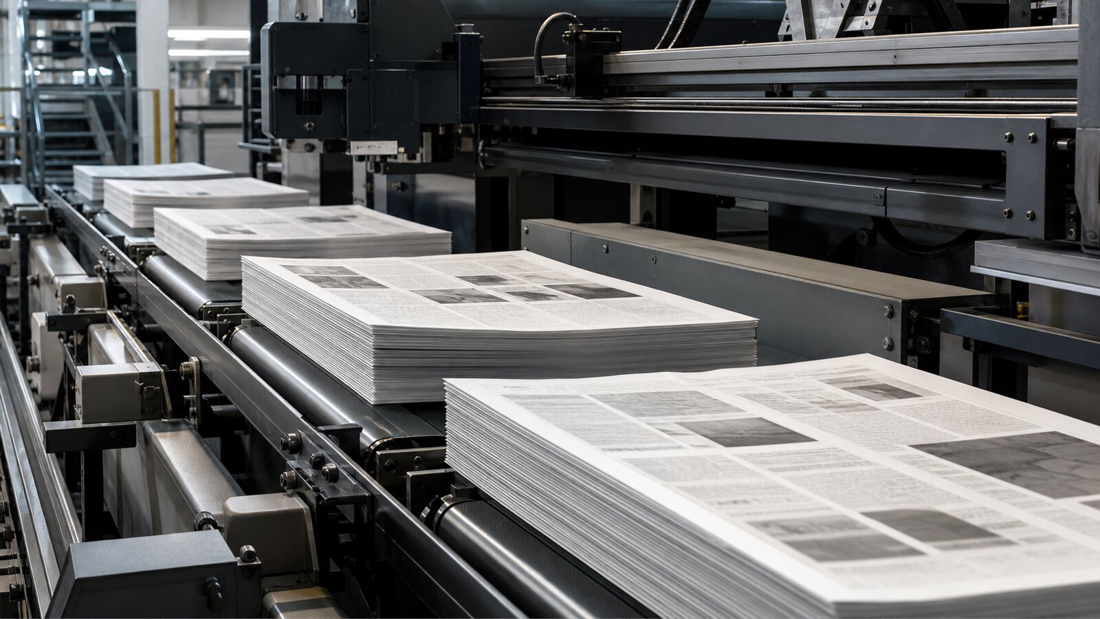 Freshly printed newspapers stacked at the end of a press line